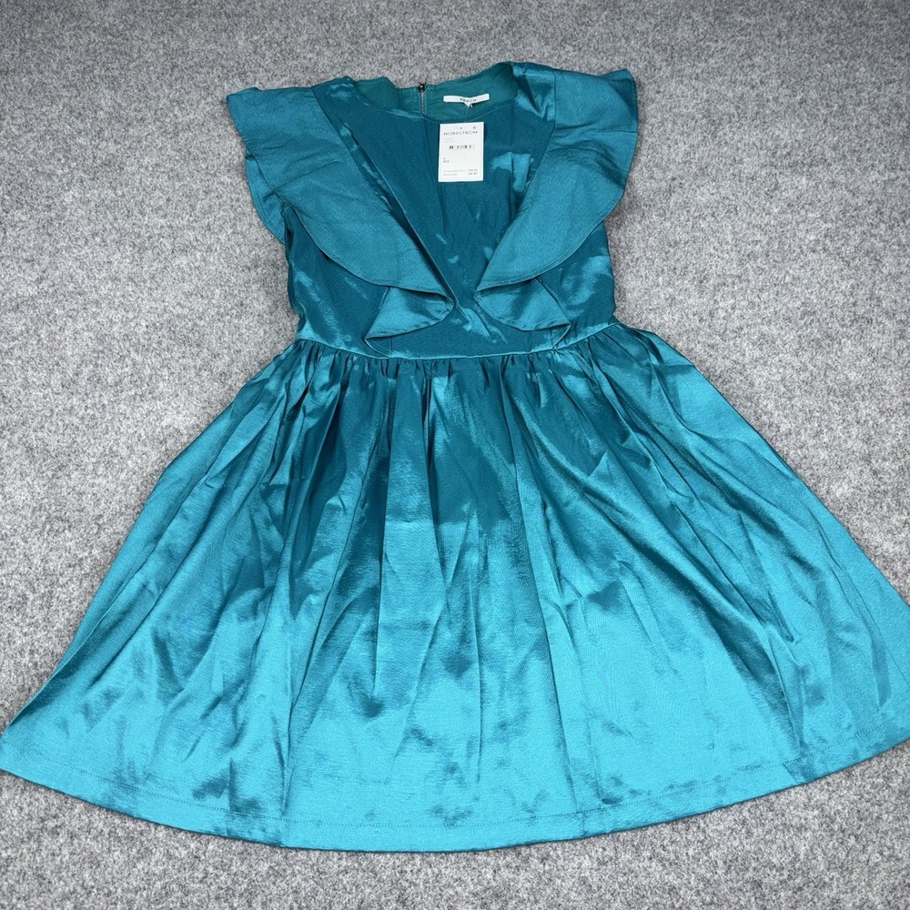 FRNCH Dress Women Small Green Teal Ruffle Fit Flare Mini Cocktail Party NWT New
